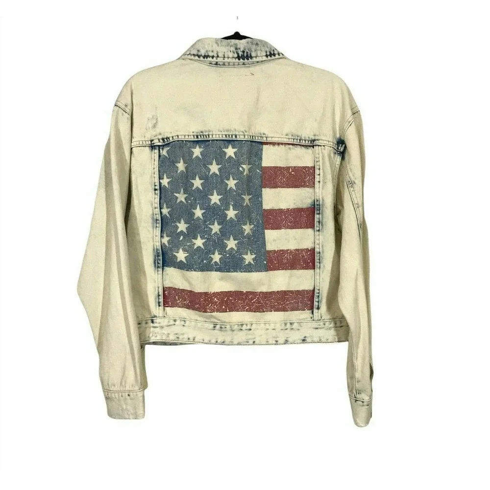 Blank NYC American Flag Red White Blue Distressed Button Denim Jacket Sz Small - Picture 5 of 12